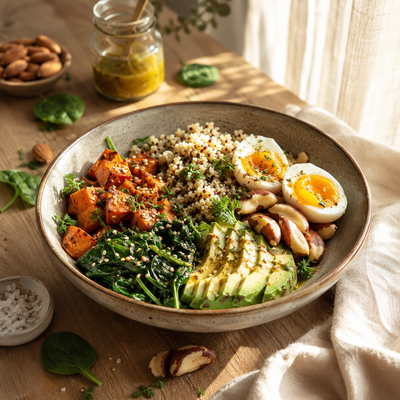 Bowl nutritivo para soporte tiroideo con quinoa, batata y huevo