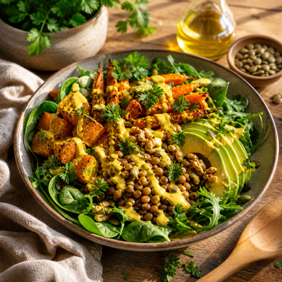 Ensalada tibia antiinflamatoria con lentejas, calabaza y aderezo de tahini cúrcuma