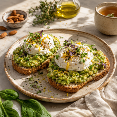 Tostadas sin gluten con palta, huevo poché