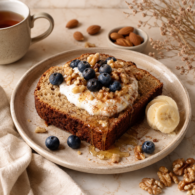 Pan de banana con harina de almendras, yogur griego y frutos azules