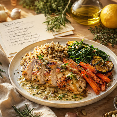 Pollo al limón y hierbas con quinoa, espinaca y vegetales asados